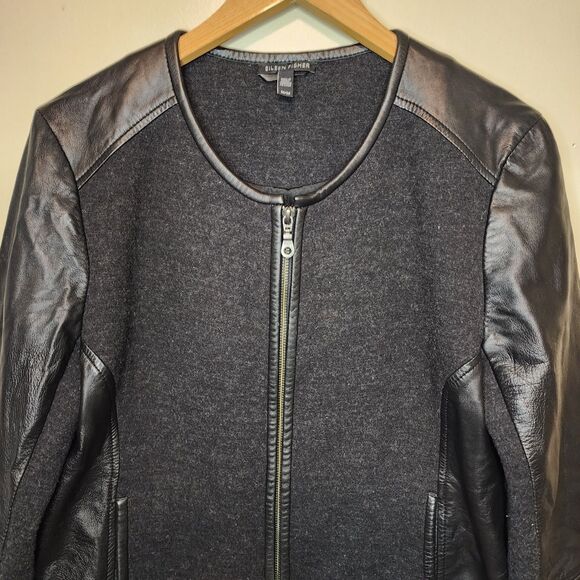 Eileen Fisher Jacket Black Leather Wool Womens Medium Silk Lined Full Zip - Picture 2 of 16